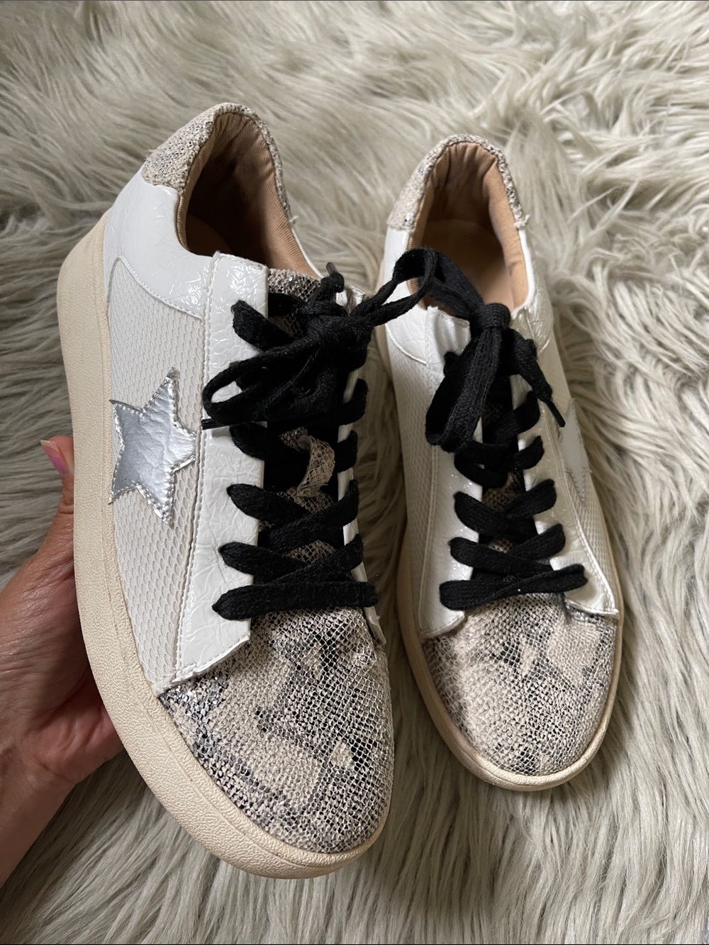 White  ravenSnake-Print Lace-Up Sneakers with Silver Star Accent